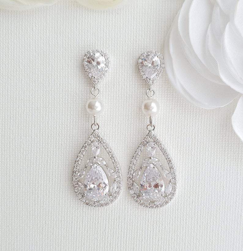 Aretes de cristal CZ de oro rosa para bodas y novias-Esther