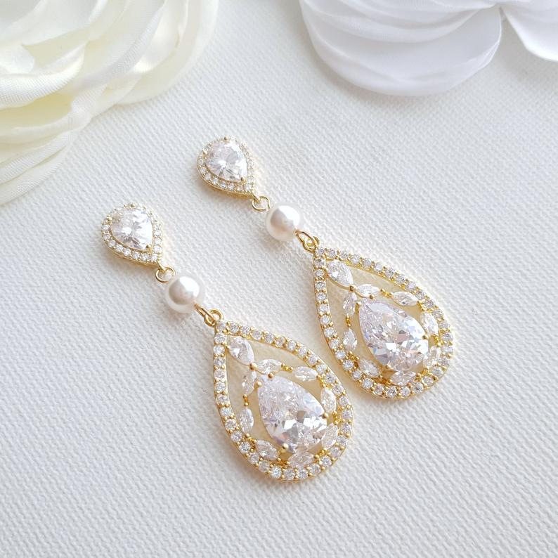 Aretes de cristal CZ de oro rosa para bodas y novias-Esther