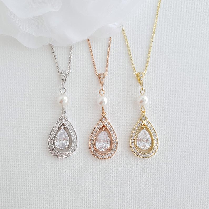 Silver Plated Teardrop Cubic Zirconia Crystal Necklace for Wedding- Sarah - PoetryDesigns