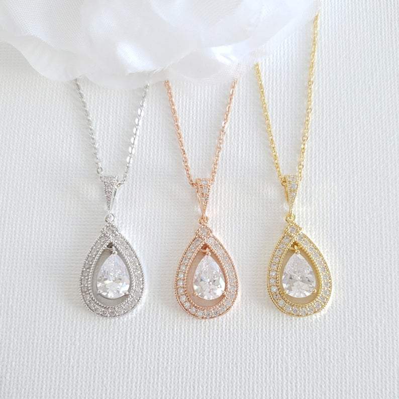 Gold Bridal Pendant Necklace Made of Teardrop Cubic Zirconia- Sarah - PoetryDesigns