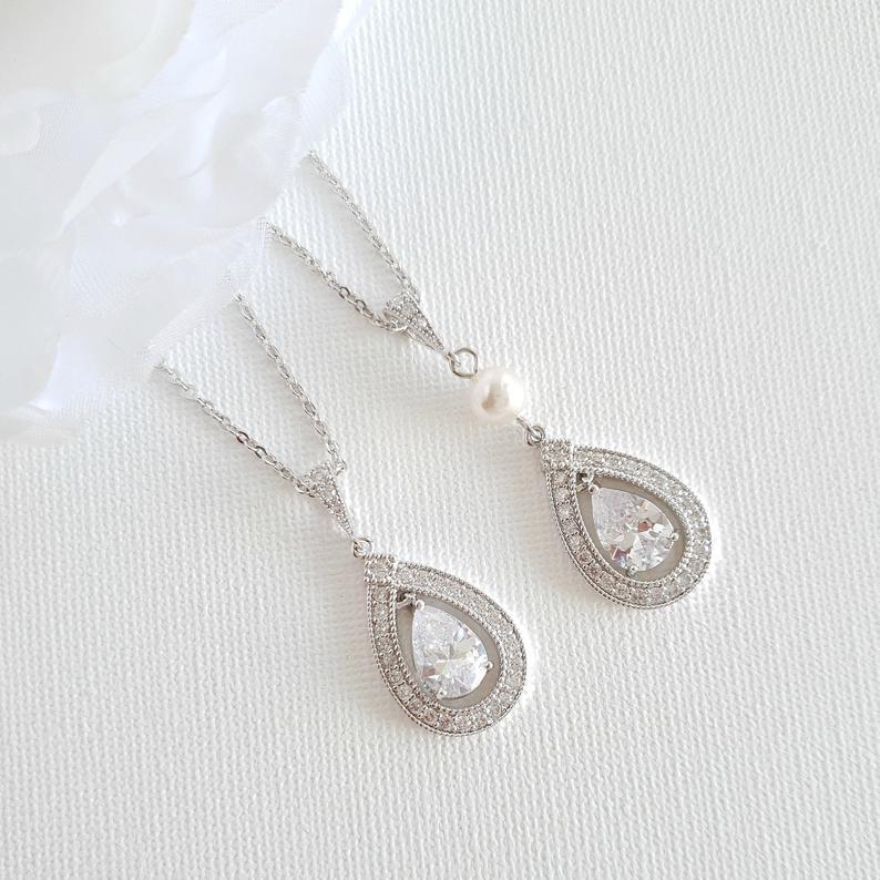 Silver Plated Teardrop Cubic Zirconia Crystal Necklace for Wedding- Sarah - PoetryDesigns