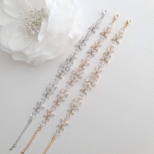 Floral Bridal Bracelet in Rose Gold & CZ Crystals- Daisy - PoetryDesigns