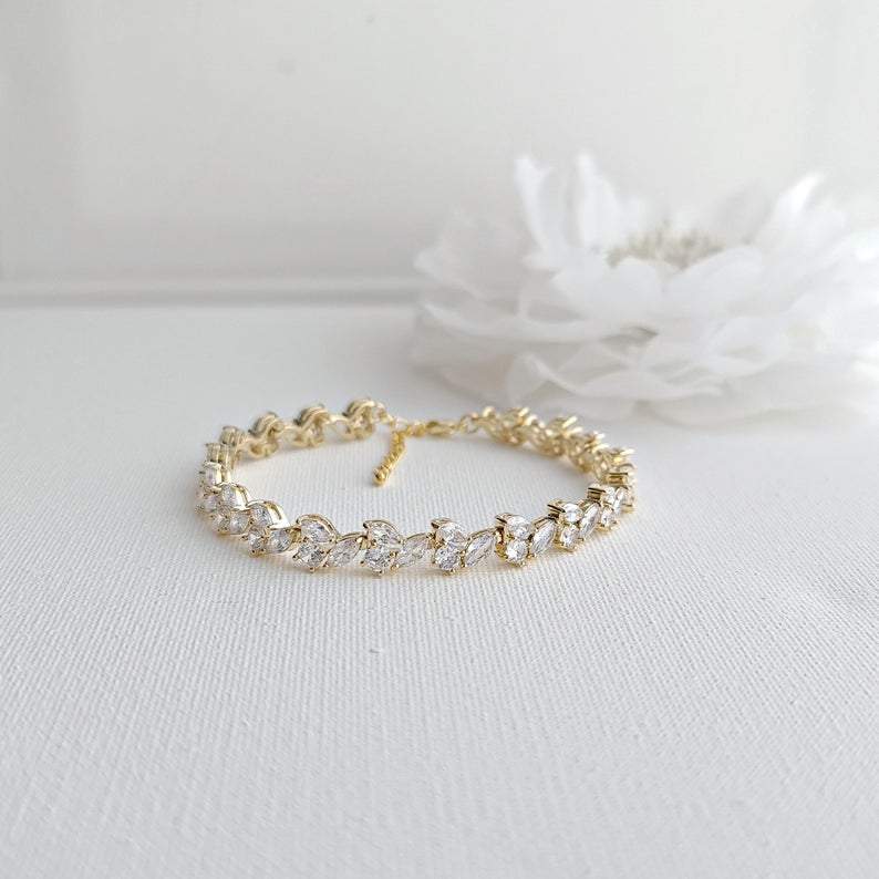 Cubic Zirconia Leaf Tennis Bridal Bracelet-Debra - PoetryDesigns