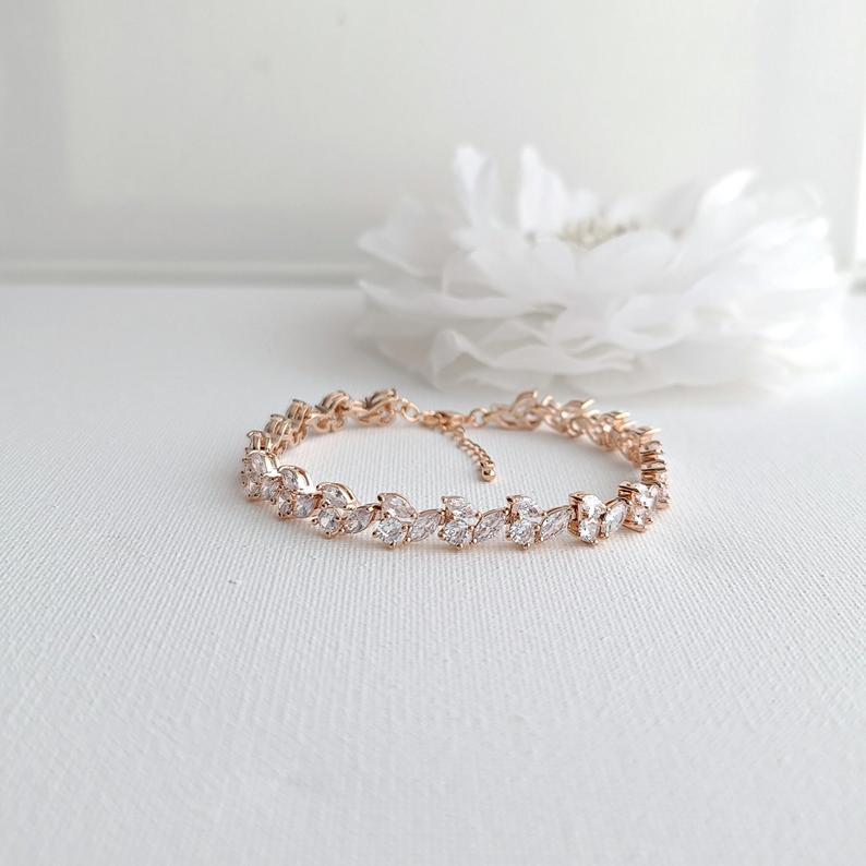Bridal Tennis Bracelet With Gold Metal and Cubic Zirconia Leaf-Debra - PoetryDesigns