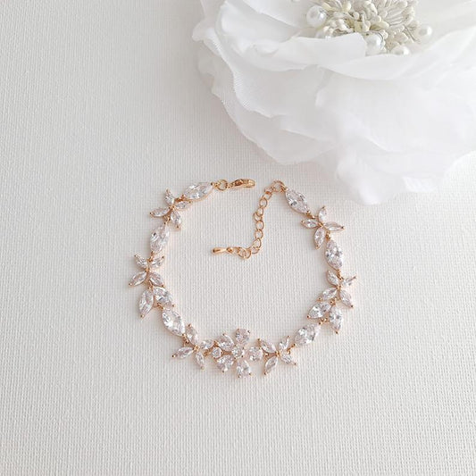 Floral Bridal Bracelet in Rose Gold & CZ Crystals- Daisy - PoetryDesigns