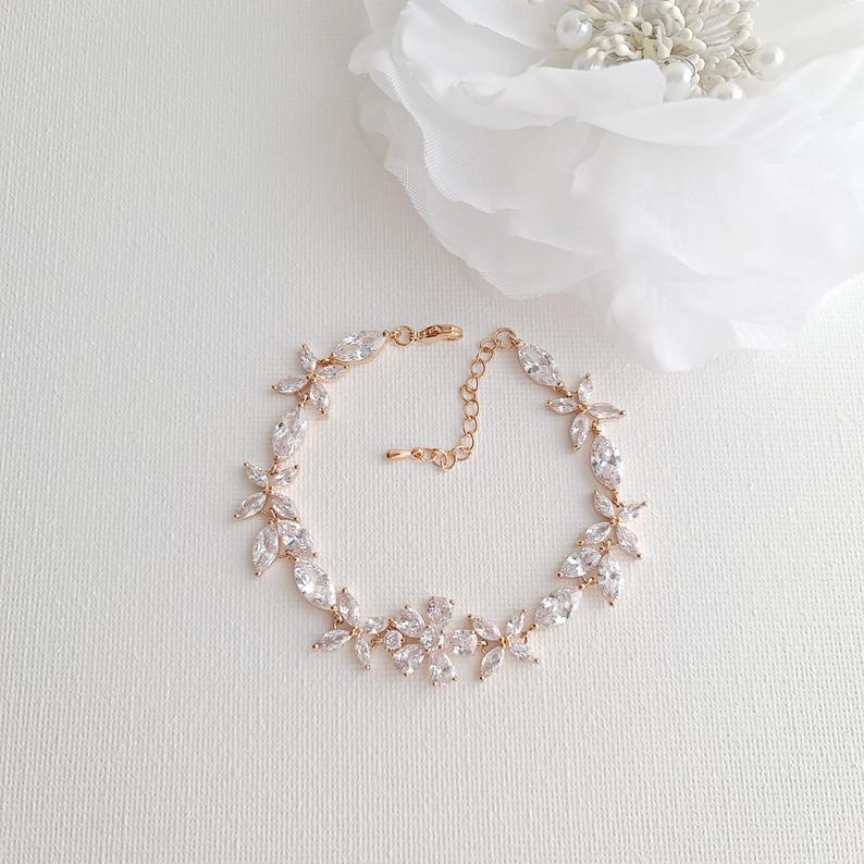 Floral Bridal Bracelet in Rose Gold & CZ Crystals- Daisy - PoetryDesigns