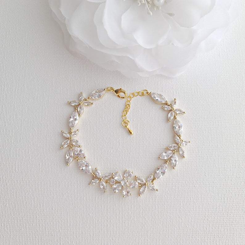 Floral Bridal Bracelet in Rose Gold & CZ Crystals- Daisy - PoetryDesigns