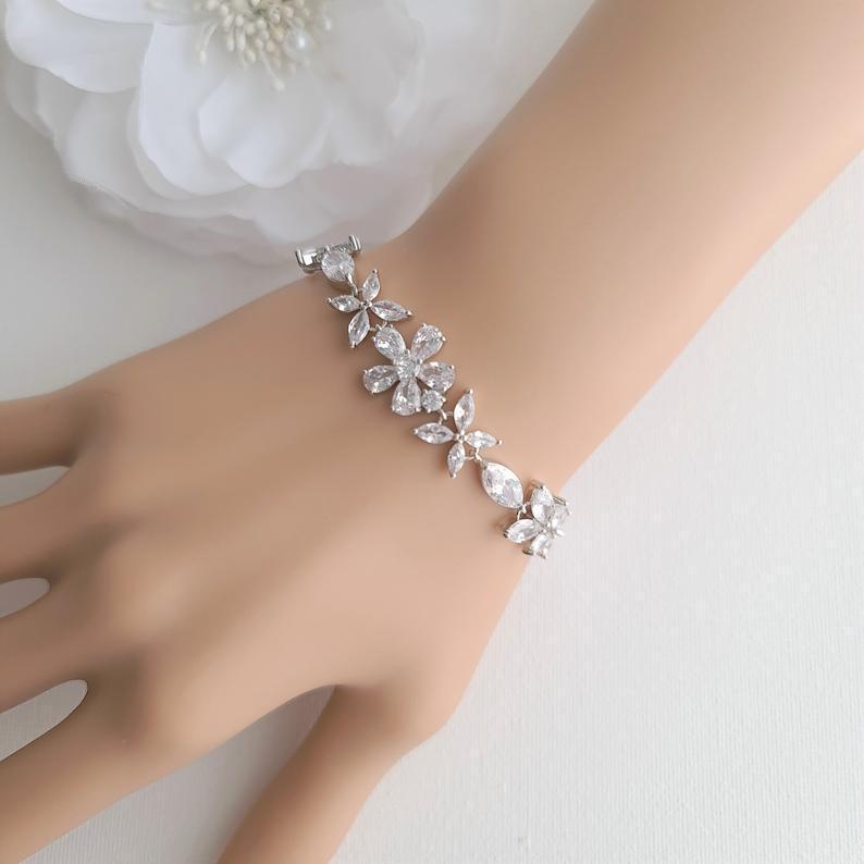 Gold Bridal Bracelet in Flower Design Made of Cubic Zirconia-Daisy - PoetryDesigns