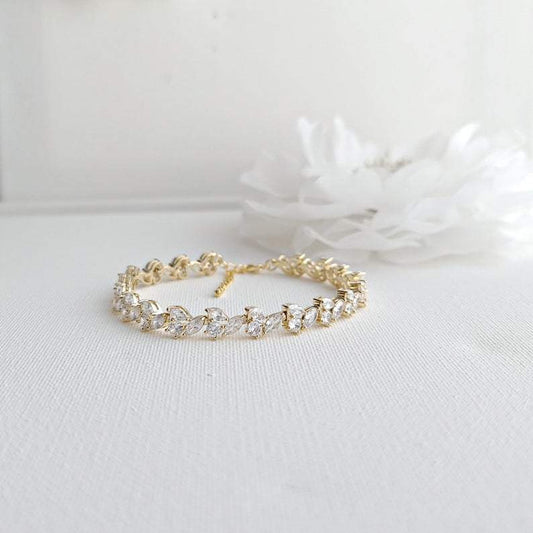 Bridal Tennis Bracelet With Gold Metal and Cubic Zirconia Leaf-Debra - PoetryDesigns