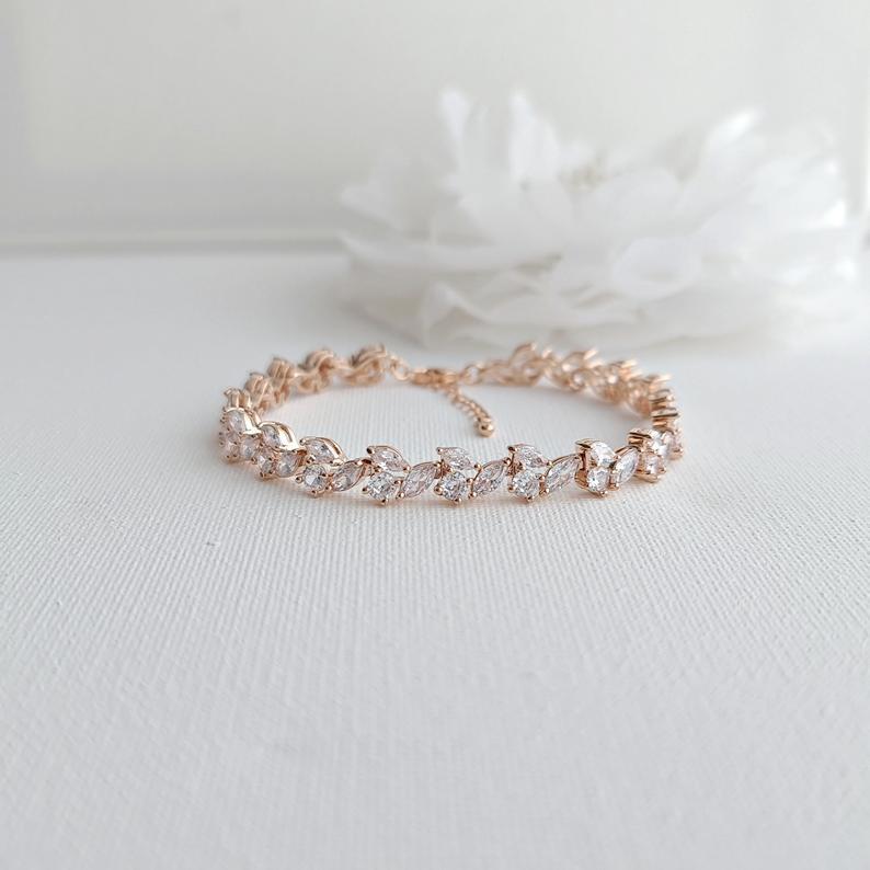 Cubic Zirconia Leaf Tennis Bridal Bracelet-Debra - PoetryDesigns