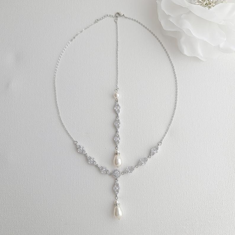 Bridal Back Necklace with Pearl & Crystal Backdrop for Weddings- Hayley - PoetryDesigns