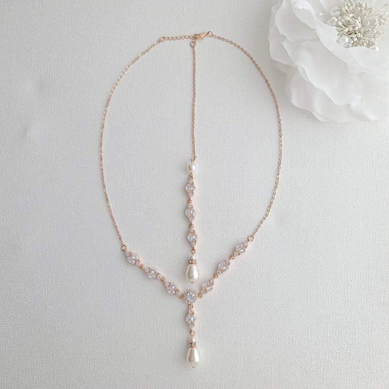 Bridal Back Necklace with Pearl & Crystal Backdrop for Weddings- Hayley - PoetryDesigns