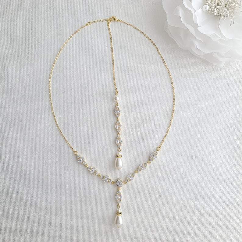 Bridal Back Necklace with Pearl & Crystal Backdrop for Weddings- Hayley - PoetryDesigns