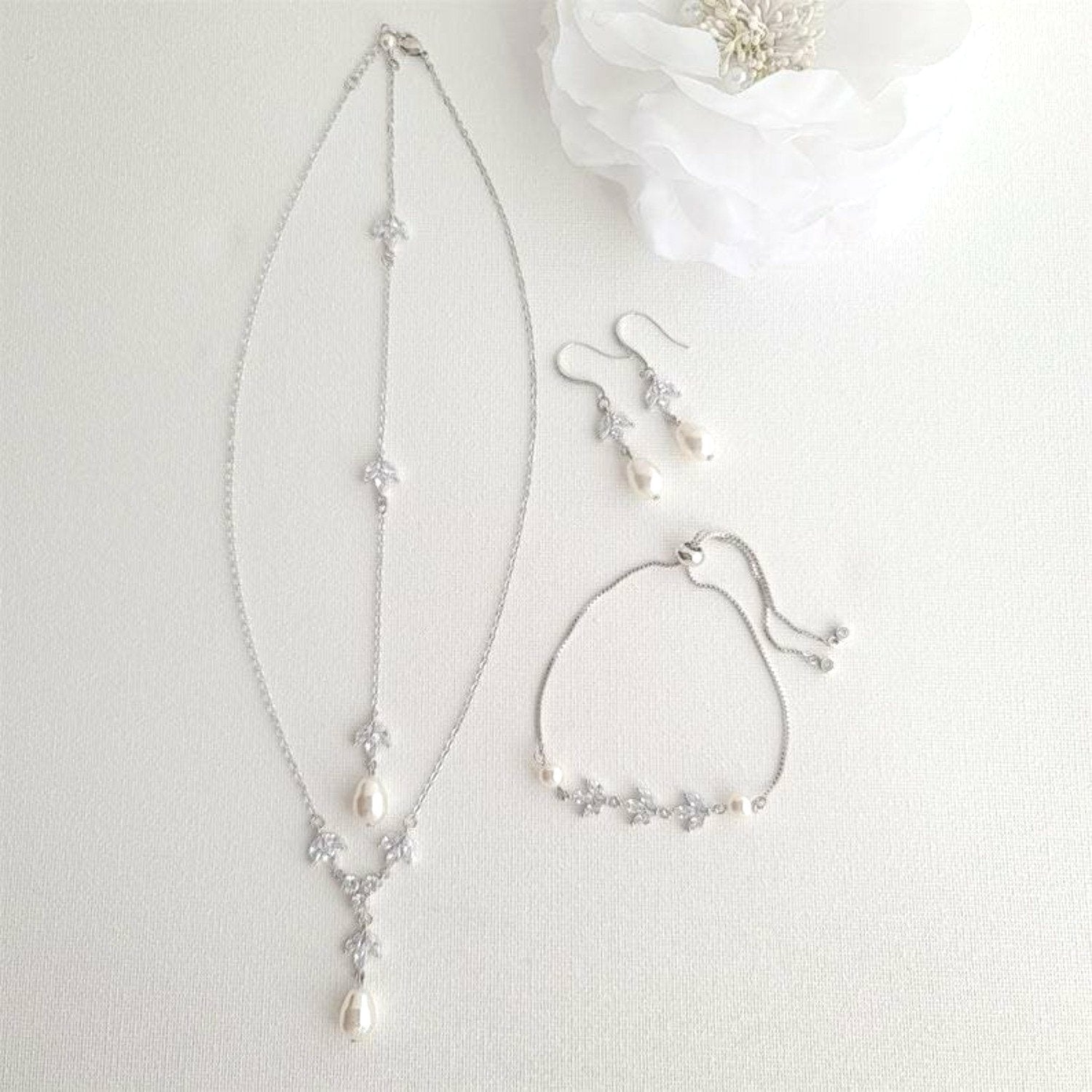 Simple Bridal Jewelry Set-3 Pcs- Silver & Pearl- Leila - PoetryDesigns