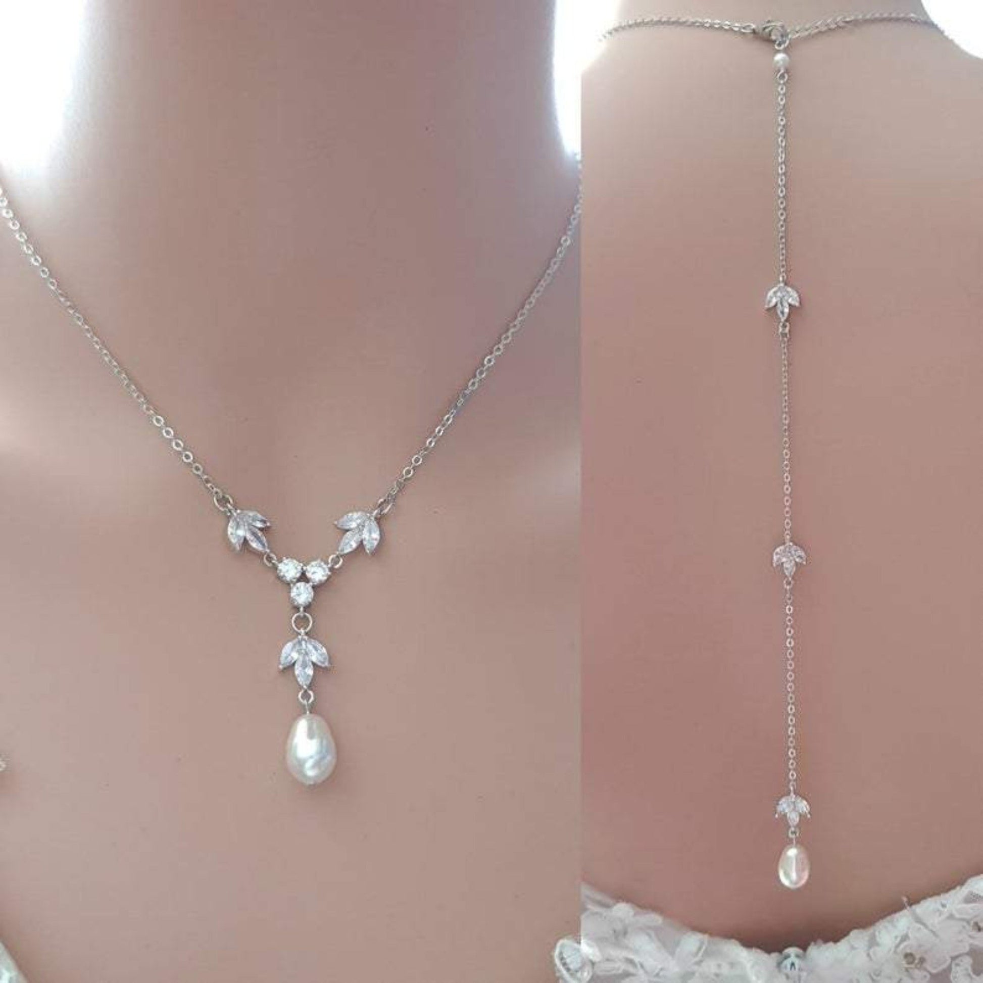 Simple Bridal Jewelry Set-3 Pcs- Silver & Pearl- Leila - PoetryDesigns