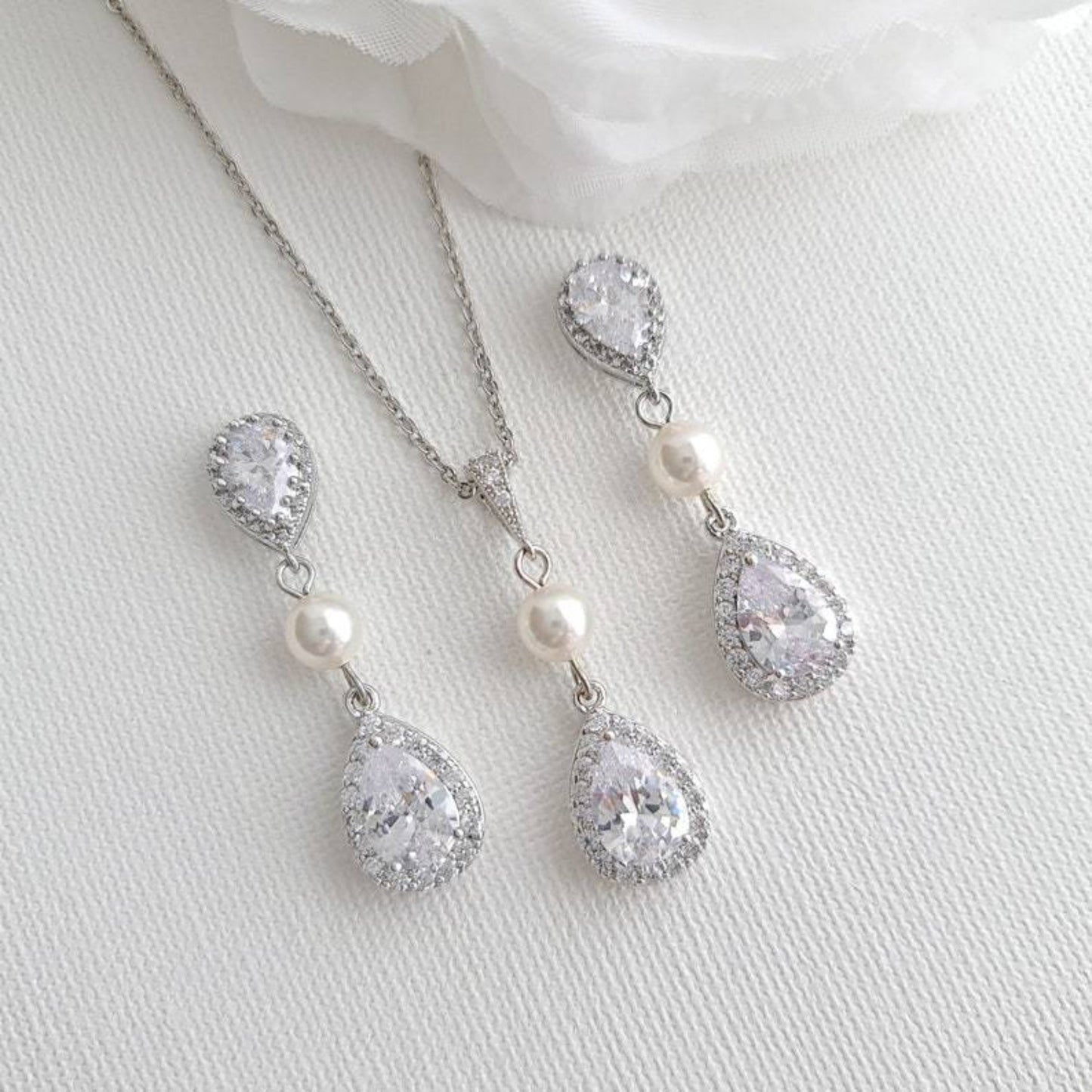 Small Pearl and Crystal Earring Necklace Set- Emma