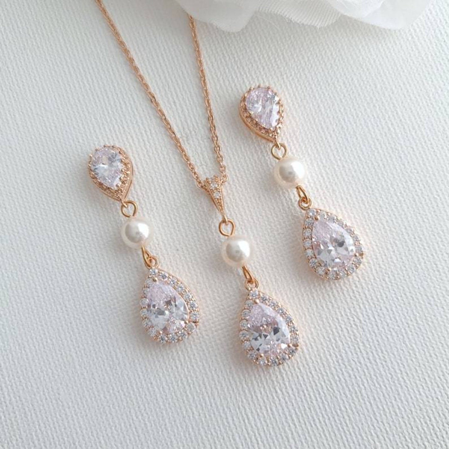 Small Pearl and Crystal Earring Necklace Set- Emma