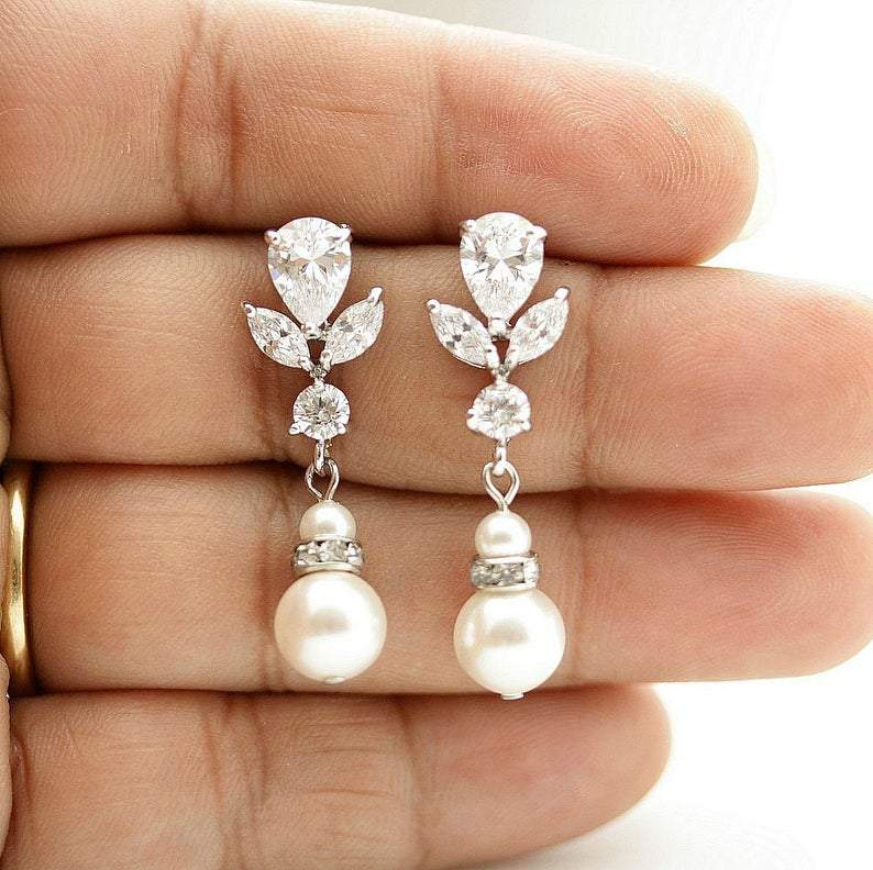 Bridal Earrings in Rose Gold and Pearl Drops-Nicole - PoetryDesigns