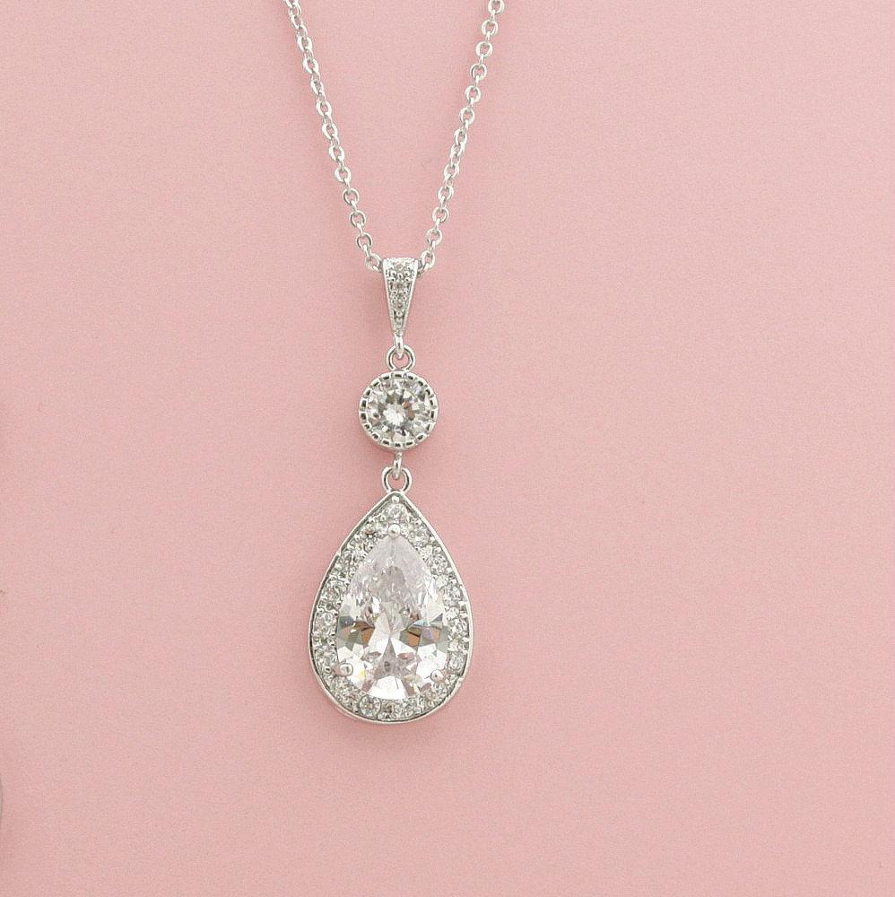 Bridal Crystal Pendant Necklace, Wedding Necklace, Bridesmaid Necklace Gift, Zirconia Pendant Rose Gold, Gold, Wedding Jewelry, Evana - PoetryDesigns