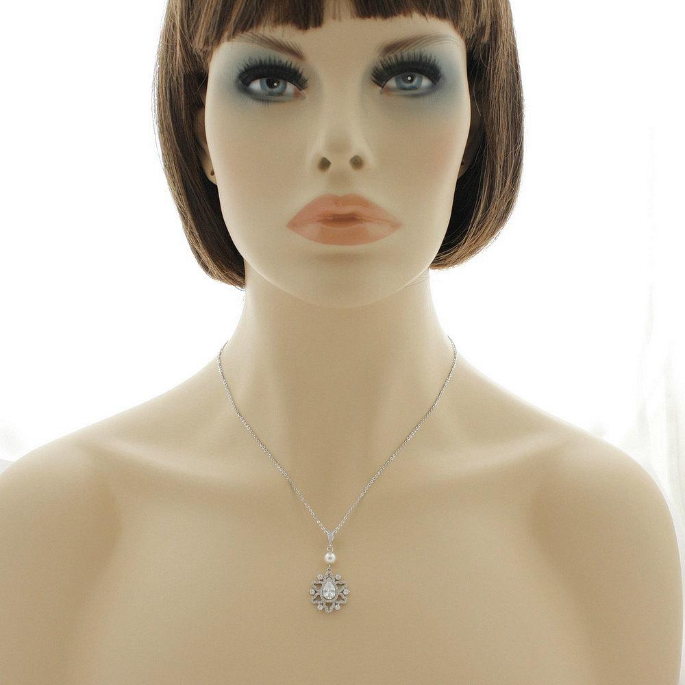Bridal Necklace, Pendant Wedding Necklace, Crystal Drop Bridal Necklace, Pearl Silver Pendant Necklace, Bridal Jewelry, Fiona - PoetryDesigns