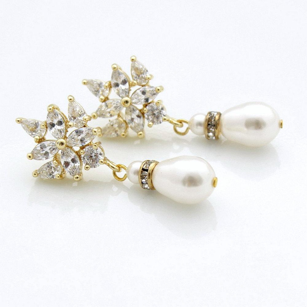 Gold Drop Earrings for Weddings with Teardrop Pearls- Rosa - PoetryDesigns