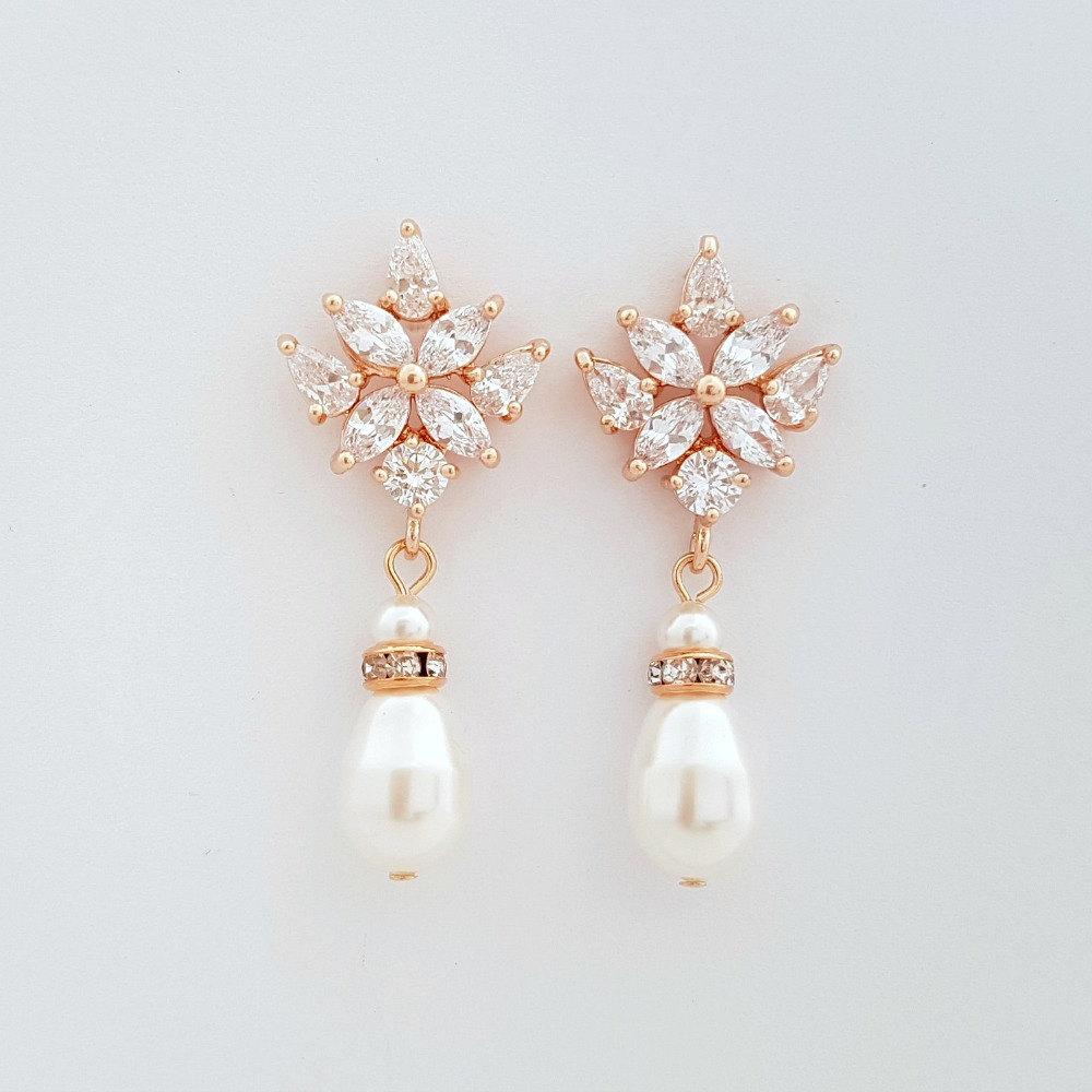 Rose Gold Bridal Earrings, Crystal Wedding Earrings, Bridesmaid, Swarovski Pearls Drop Earrings, Bridal Jewelry, Rose Gold Jewelry, Rosa - PoetryDesigns