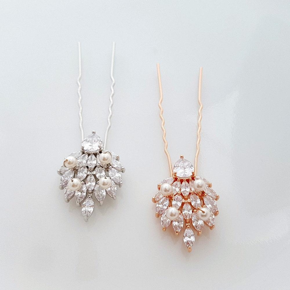 Wedding Hair Pins, Crystal Bridal Hair pins, Rose Gold Hair Pins, Bridal Hair Accesories, Cubic Zirconia, Wedding U Pins, Abby - PoetryDesigns