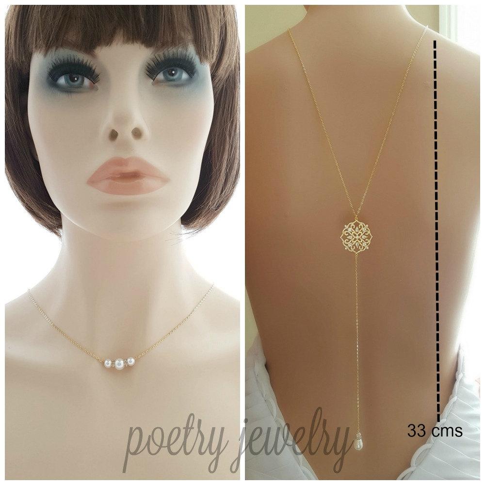 Gold Back Necklace, Bridal Backless Necklace, Crystal Wedding Necklace, Gold Bridal Backdrop Necklace, Simple Back Necklace, Sadie - PoetryDesigns