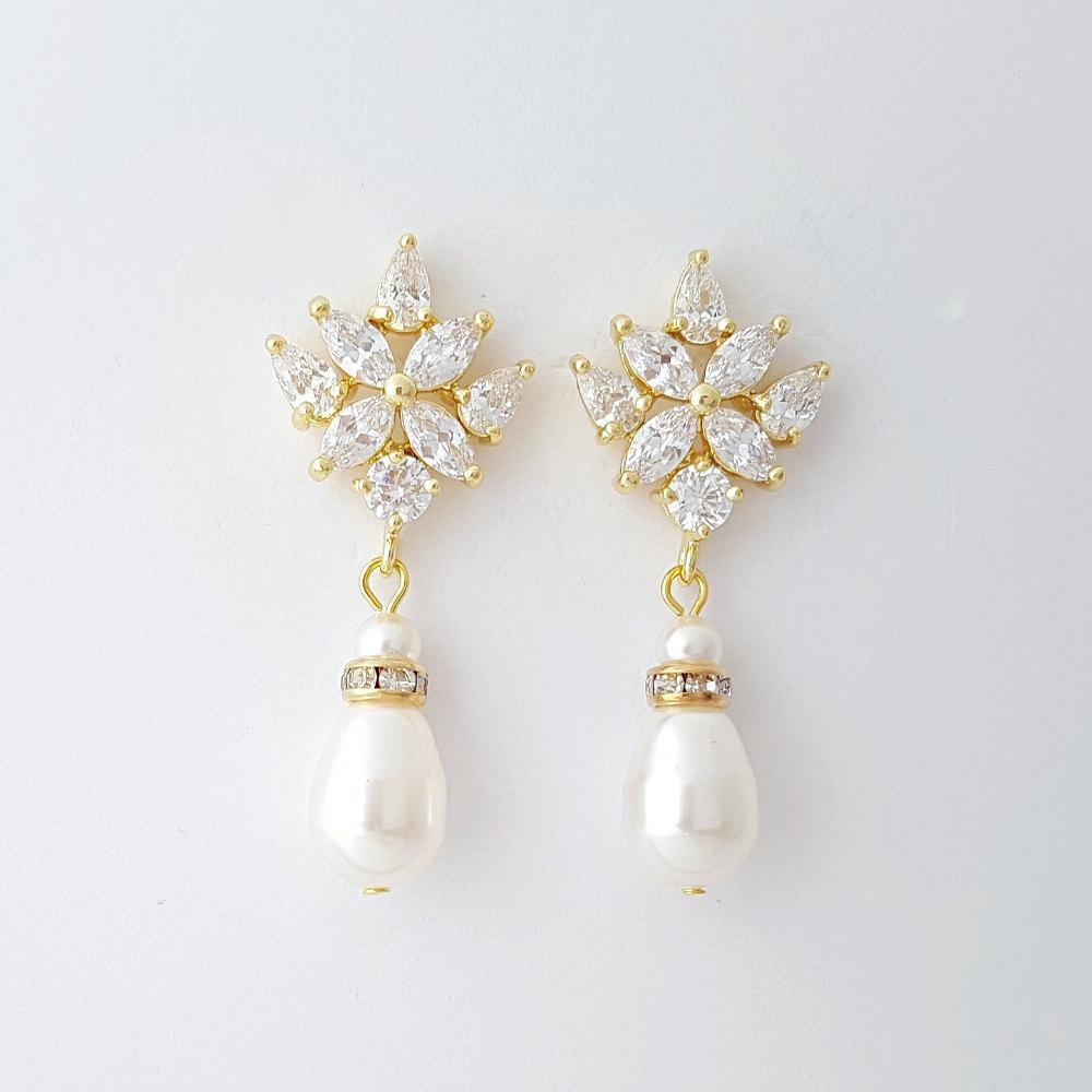 Gold Drop Earrings for Weddings with Teardrop Pearls- Rosa - PoetryDesigns