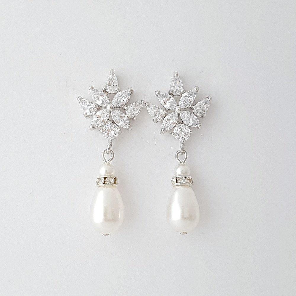 Crystal Bridal Earrings with Pearl Drop- Rosa - PoetryDesigns