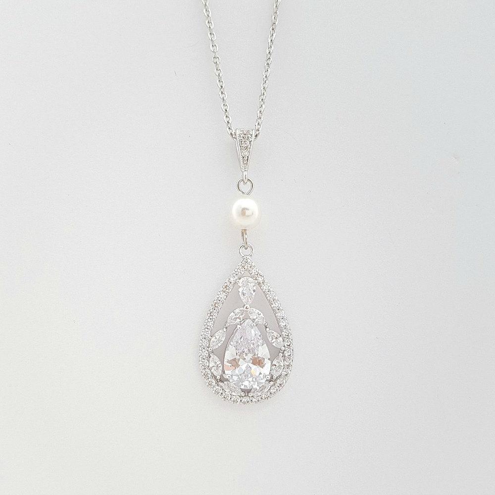 Bridal Pendant Necklace with Teardrop CZ Crystals-Esther - PoetryDesigns