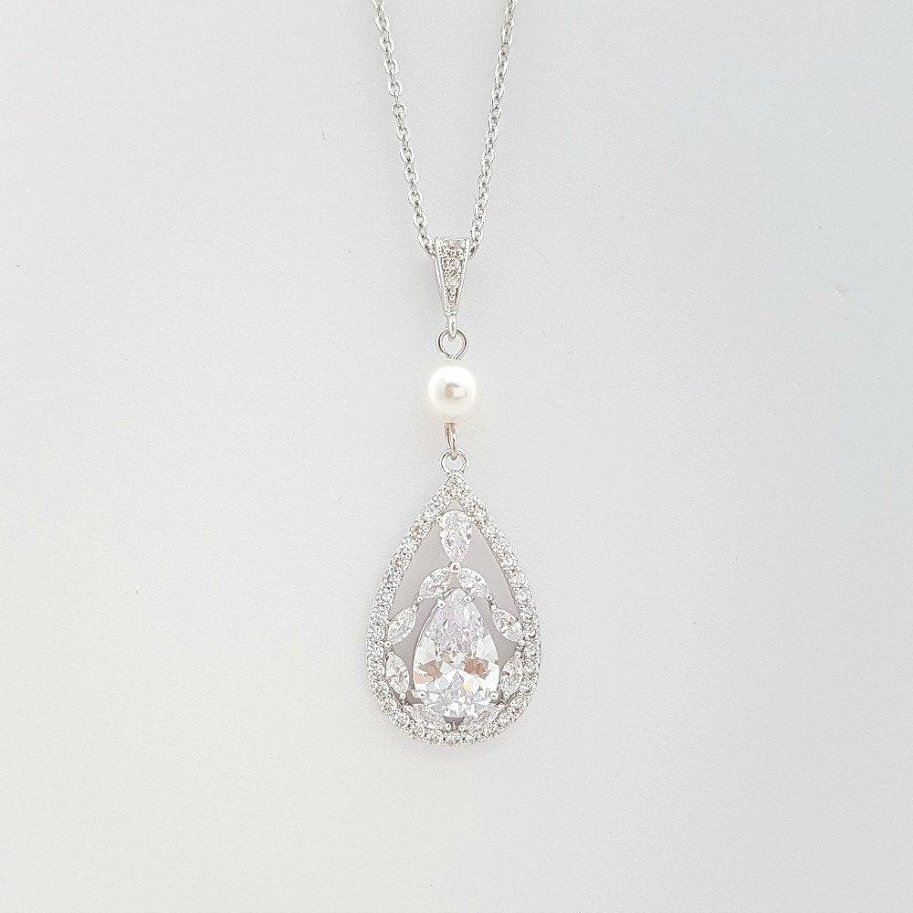 Teardrop Cubic Zirconia Pendant Necklace in 14K Gold for Weddings-Esther - PoetryDesigns