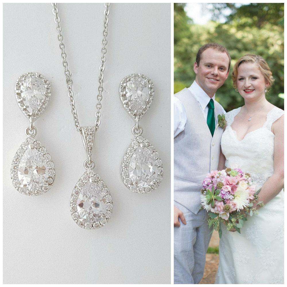 Earring Necklace Set for Brides, Crystal Wedding Set, Bridal Jewelry Set, Cubic Zirconia Teardrop Earrings Pendant Set, Emma - PoetryDesigns