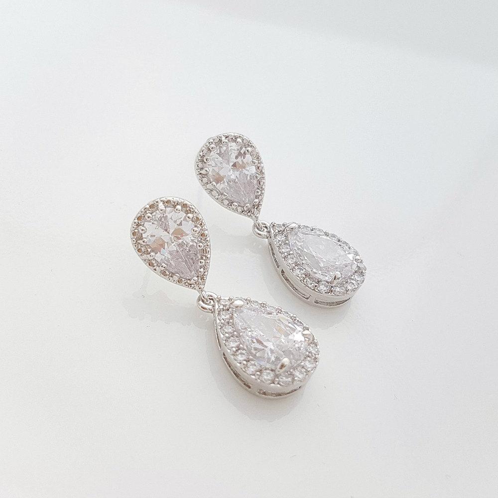 Earring Necklace Set for Brides, Crystal Wedding Set, Bridal Jewelry Set, Cubic Zirconia Teardrop Earrings Pendant Set, Emma - PoetryDesigns