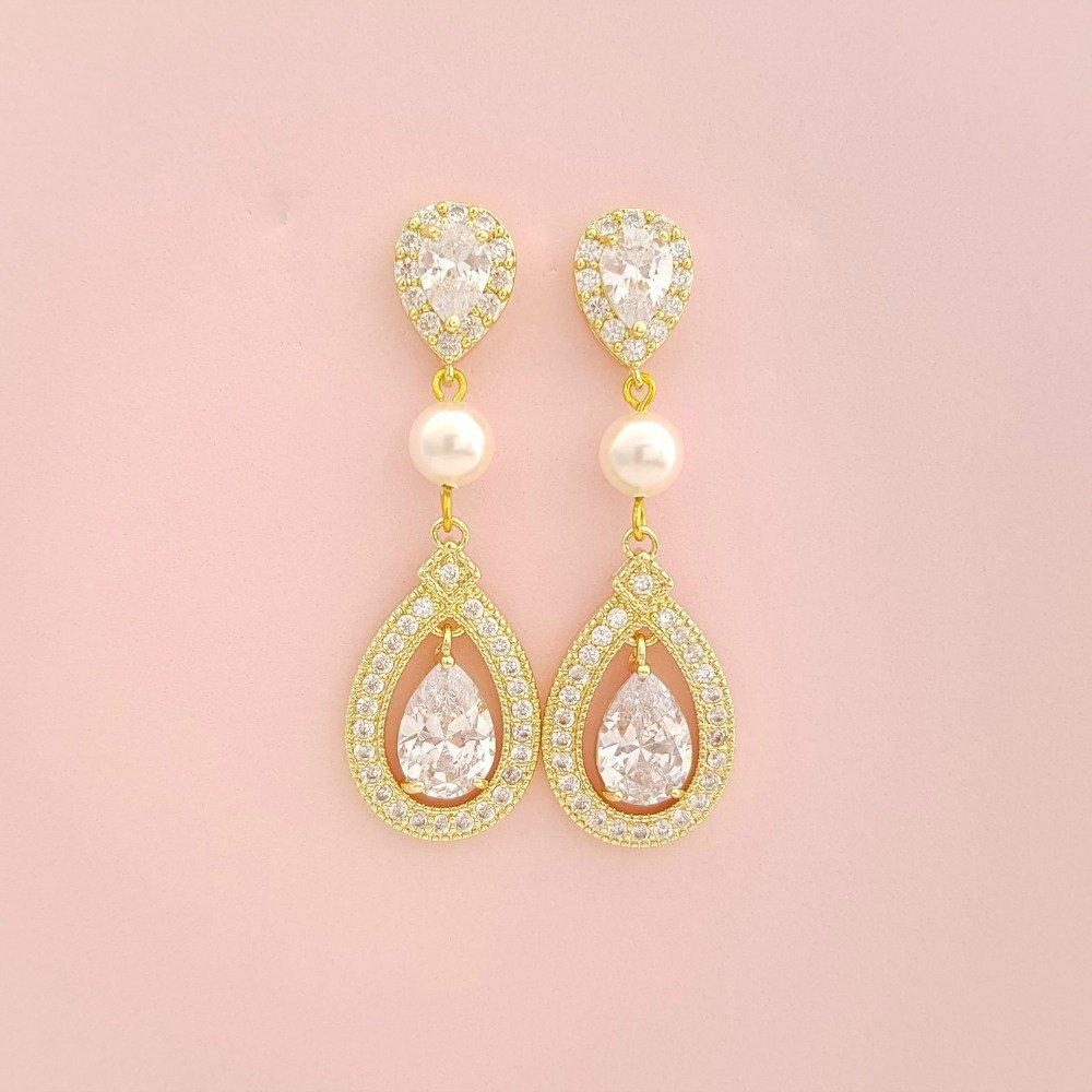 Yellow Gold Bridal Earrings-Sarah - PoetryDesigns