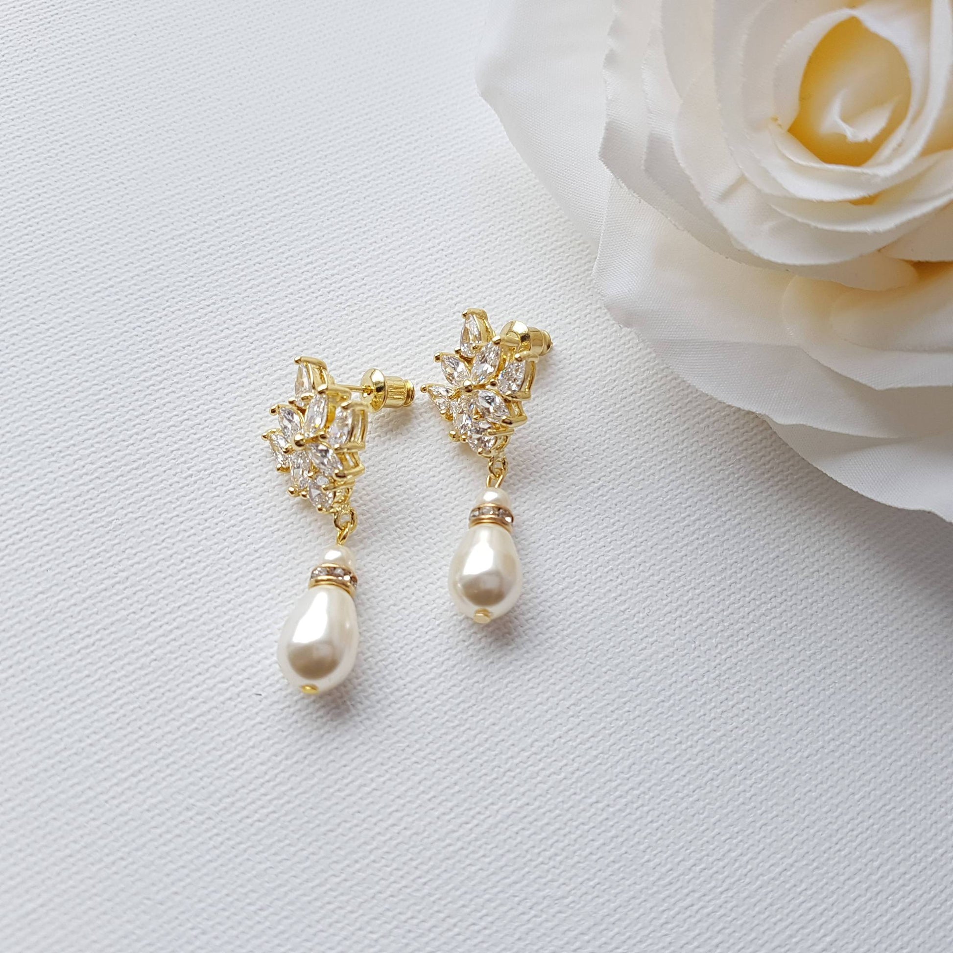 Gold Drop Earrings for Weddings with Teardrop Pearls- Rosa - PoetryDesigns