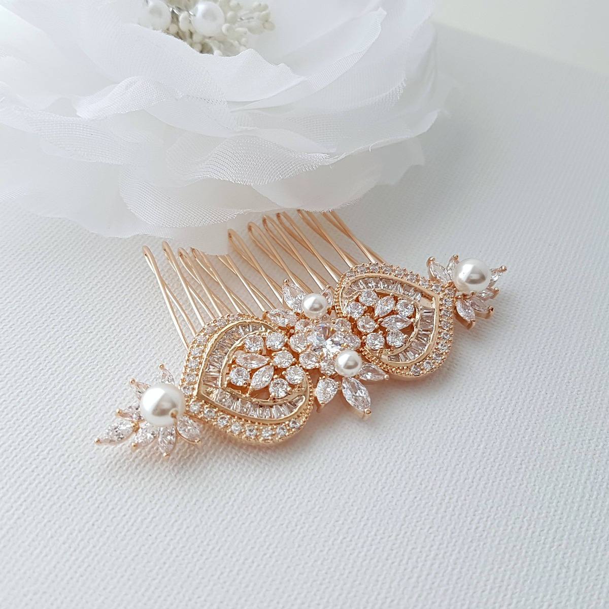 Rose Gold Bridal Hair Comb, Wedding Hair Comb, Pearl Bridal Hair Piece, Crystal, Gold,Swarovski Pearls, Bride Hair Jewelry, Rosa - PoetryDesigns