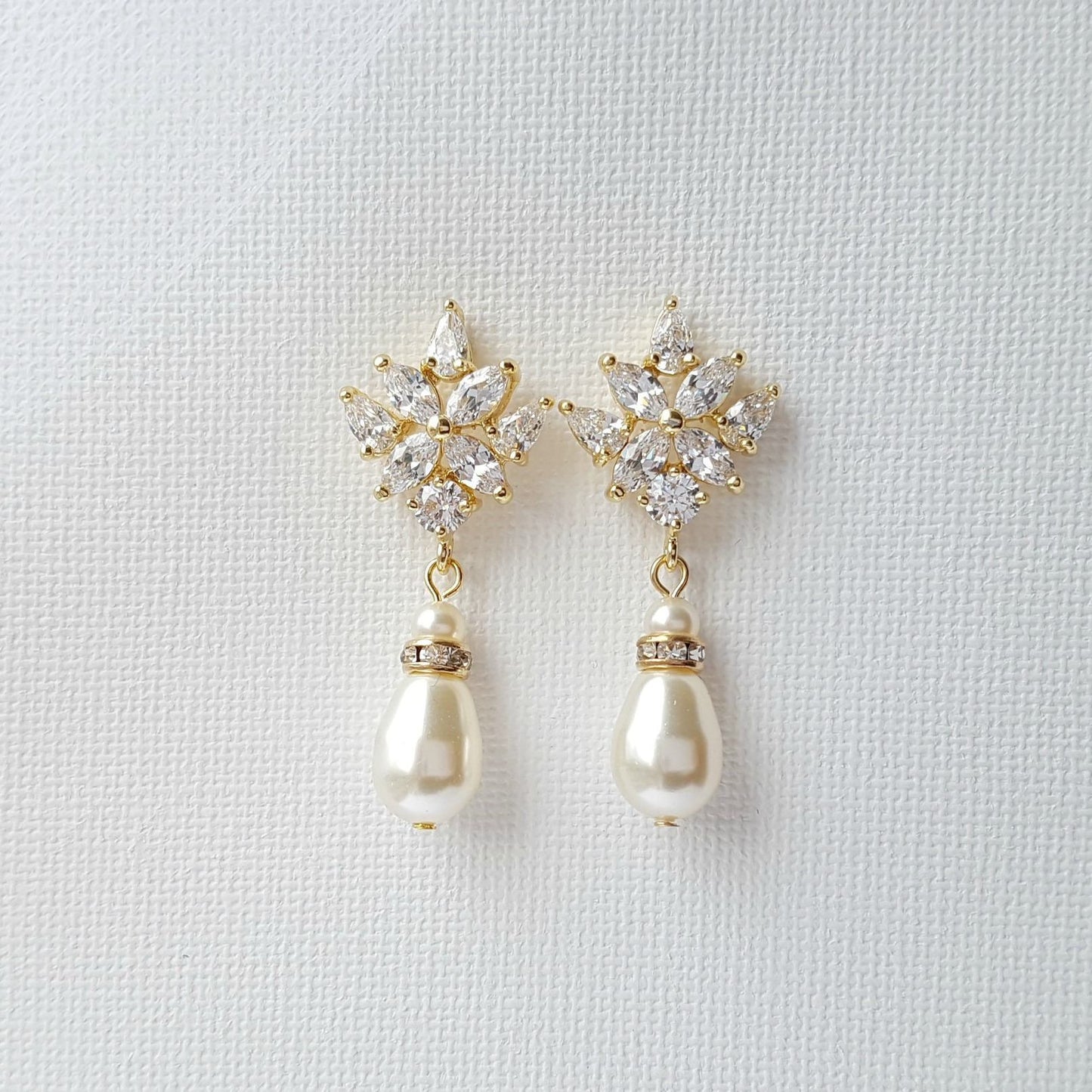 Gold Drop Earrings for Weddings with Teardrop Pearls- Rosa - PoetryDesigns