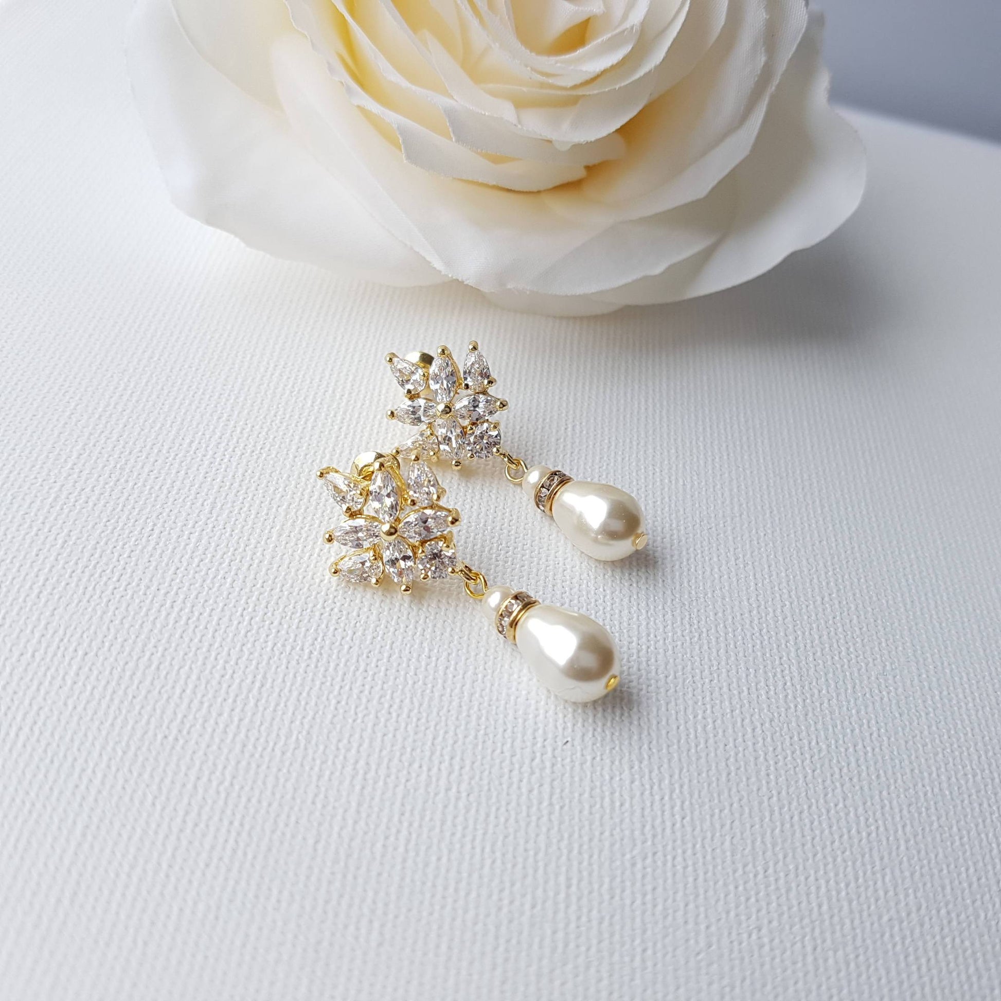 Gold Drop Earrings for Weddings with Teardrop Pearls- Rosa - PoetryDesigns