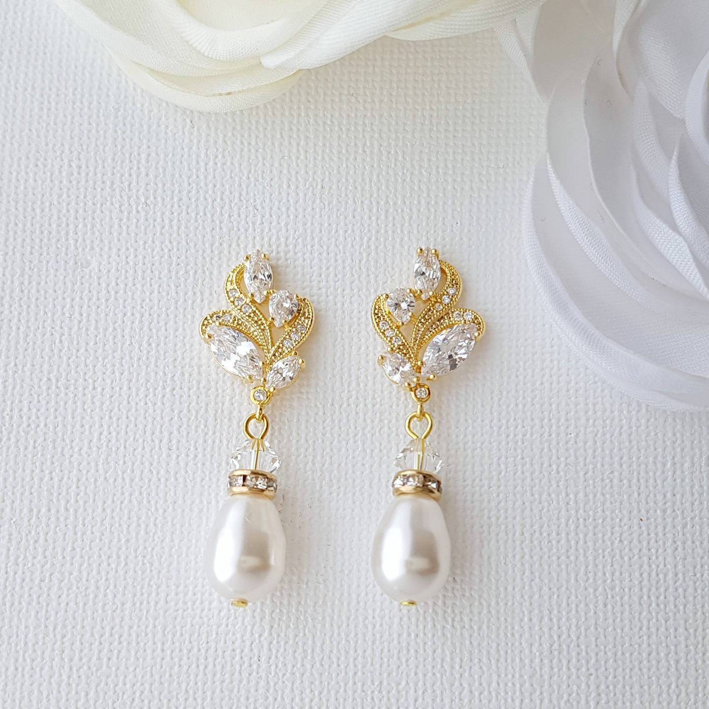 Gold Bridal Earrings With Pearl Drops-Wavy - PoetryDesigns