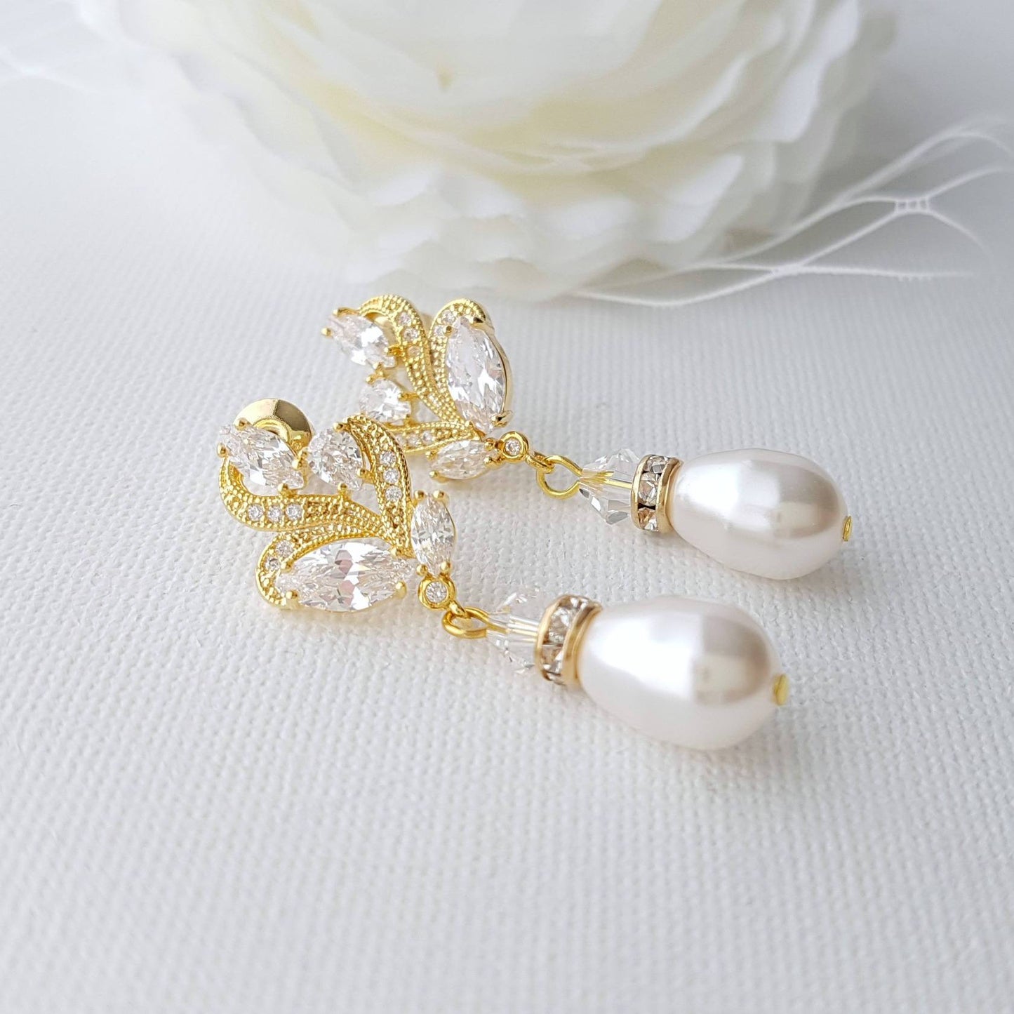 Gold Bridal Earrings With Pearl Drops-Wavy - PoetryDesigns