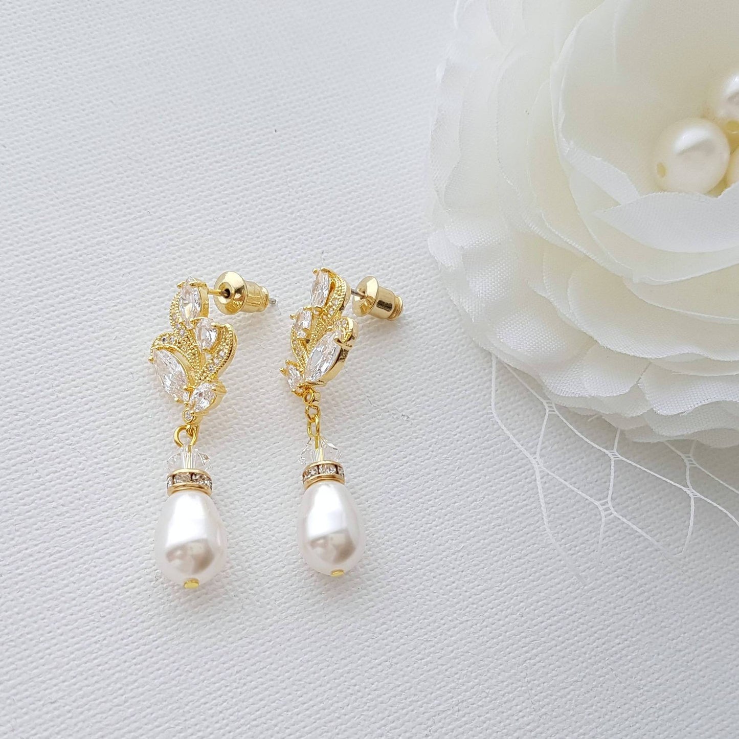 Silver Bridal Earrings With Pearl Drops-Wavy - PoetryDesigns