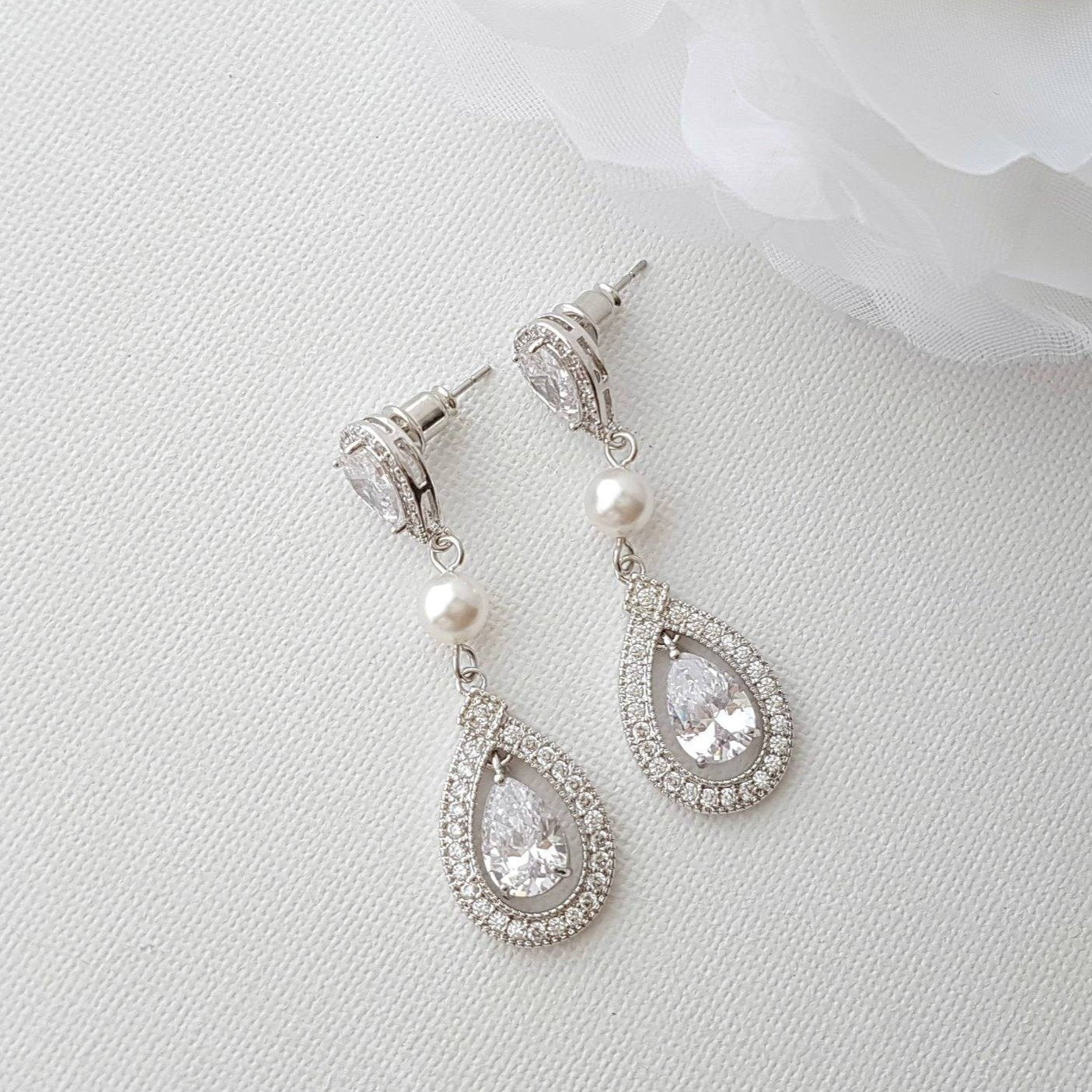 Silver Bridal Earrings in Pearls & Cubic Zirconia for Brides- Poetry Designs
