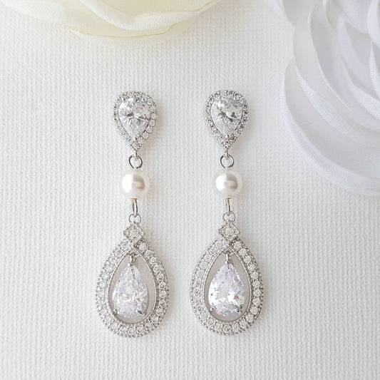 Crystal Wedding Earrings With CZ & Swarovski Pearl- Sarah - PoetryDesigns