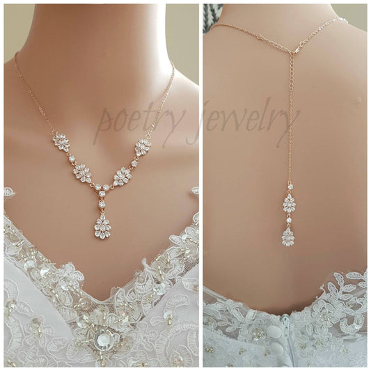 Bridal Jewelry Back Necklace in Rose Gold-Julia - PoetryDesigns