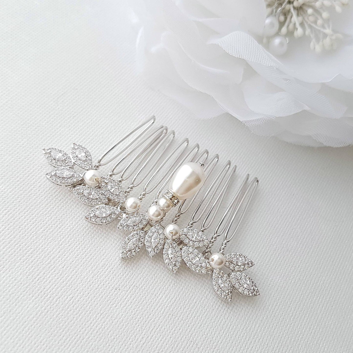 Crystal Hair Comb, Pearl Wedding Hair Comb, Leaf Haircomb, Zirconia Hair Comb, Swarovski Pearls, Bridal Hairpiece, Hair Accessories, Abby - PoetryDesigns