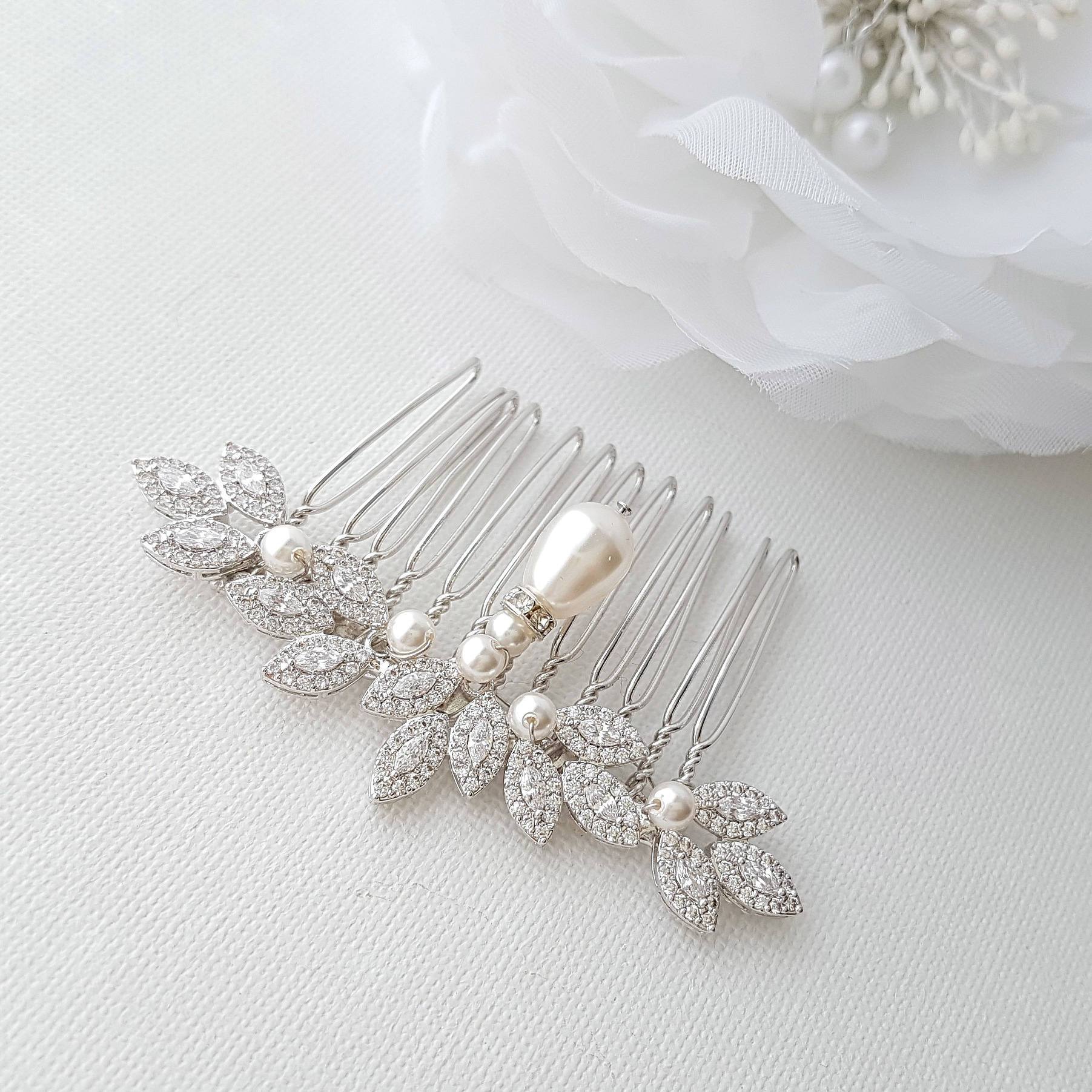 Crystal Hair Comb, Pearl Wedding Hair Comb, Leaf Haircomb, Zirconia Hair Comb, Swarovski Pearls, Bridal Hairpiece, Hair Accessories, Abby - PoetryDesigns