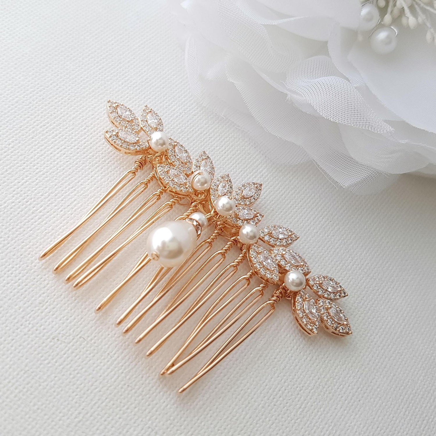 Rose Gold Hair Comb, Crystal Leaf Hair Comb, Wedding Hair Comb, Rose Gold Headpiece, Pearl Drop, Crystal Hair Comb, Gold Hair Comb, Abby - PoetryDesigns