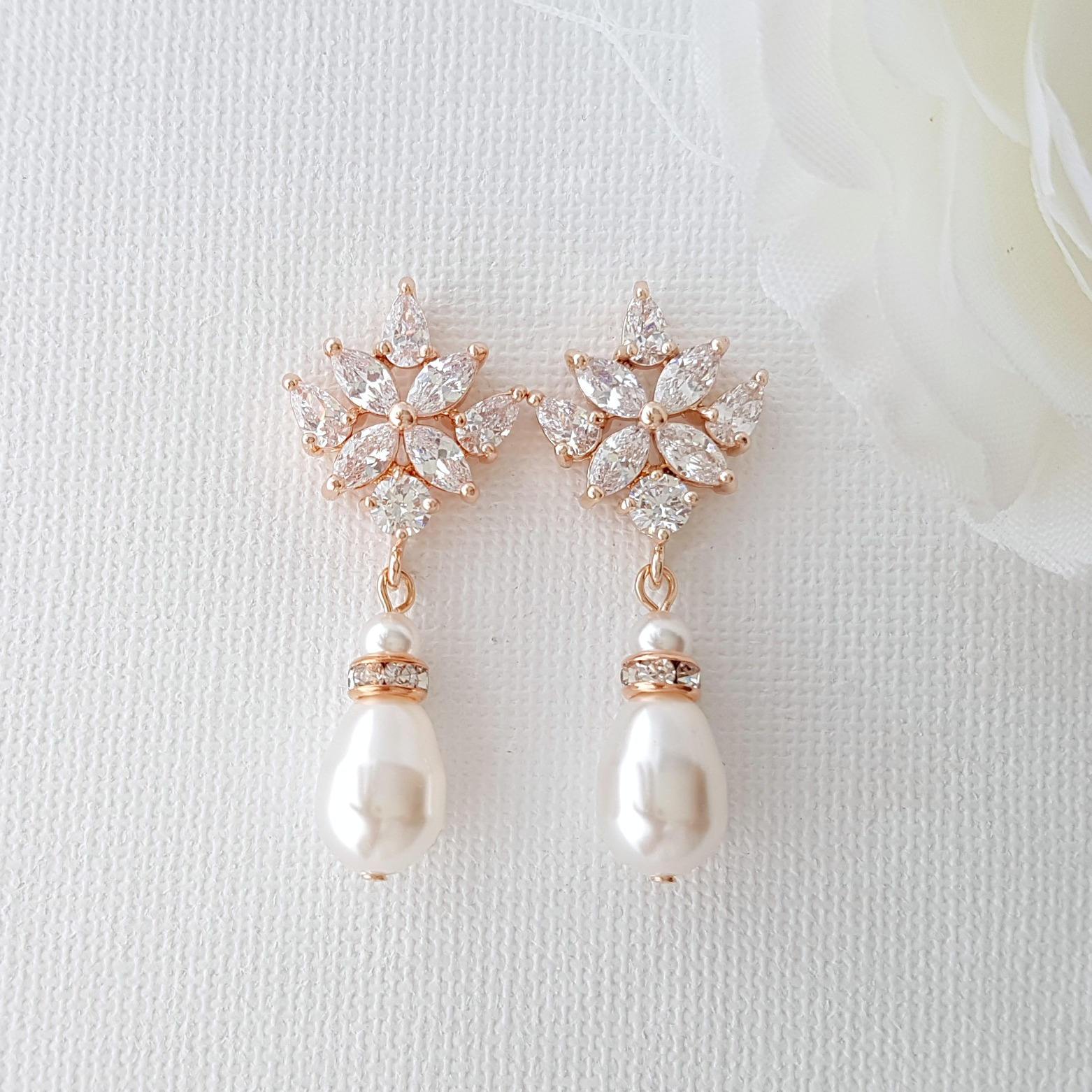 Rose Gold Bridal Earrings, Crystal Wedding Earrings, Bridesmaid, Swarovski Pearls Drop Earrings, Bridal Jewelry, Rose Gold Jewelry, Rosa - PoetryDesigns