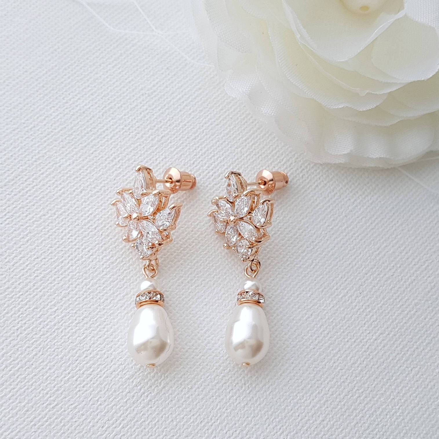 Rose Gold Bridal Earrings, Crystal Wedding Earrings, Bridesmaid, Swarovski Pearls Drop Earrings, Bridal Jewelry, Rose Gold Jewelry, Rosa - PoetryDesigns